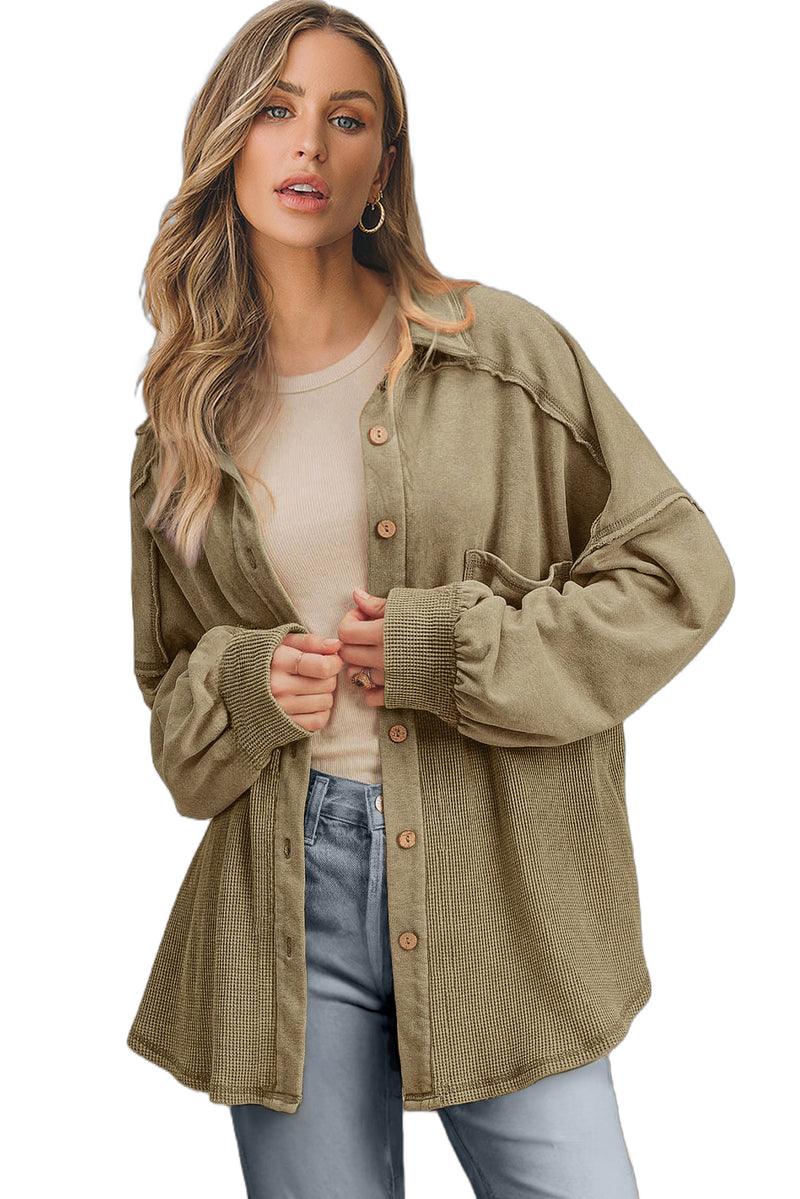 KaleaBoutique Waffle Knit Patchwork Buttoned Oversized Shacket - KaleaBoutique.com