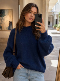 Women's Round-Neck Balloon-Sleeve Loose Fit Pullover Sweater - KaleaBoutique.com