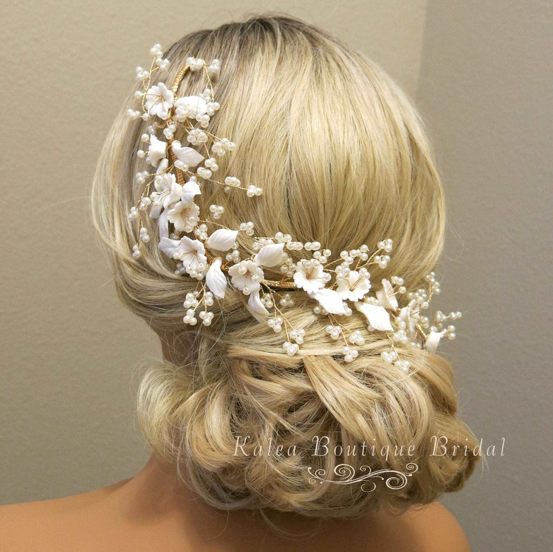 Big Bridal Floral Tiara, Wedding Clay Flower Headband, Ceramic Flower Hairpiece, Gold Wire Hair Wreath, Bridal Flower Branch Pearl Hairpiece - KaleaBoutique.com