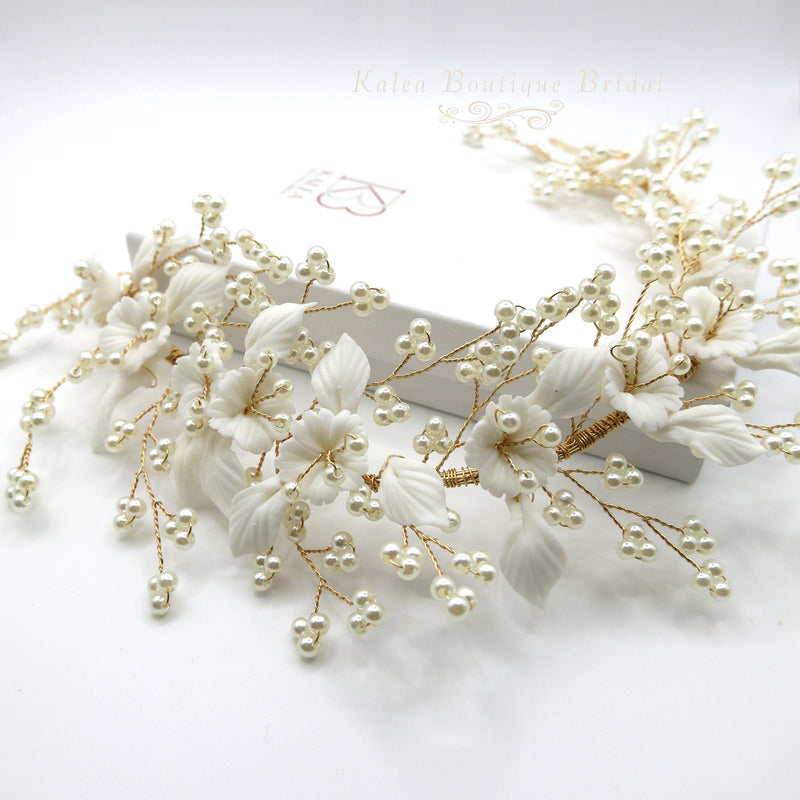 Big Bridal Floral Tiara, Wedding Clay Flower Headband, Ceramic Flower Hairpiece, Gold Wire Hair Wreath, Bridal Flower Branch Pearl Hairpiece - KaleaBoutique.com