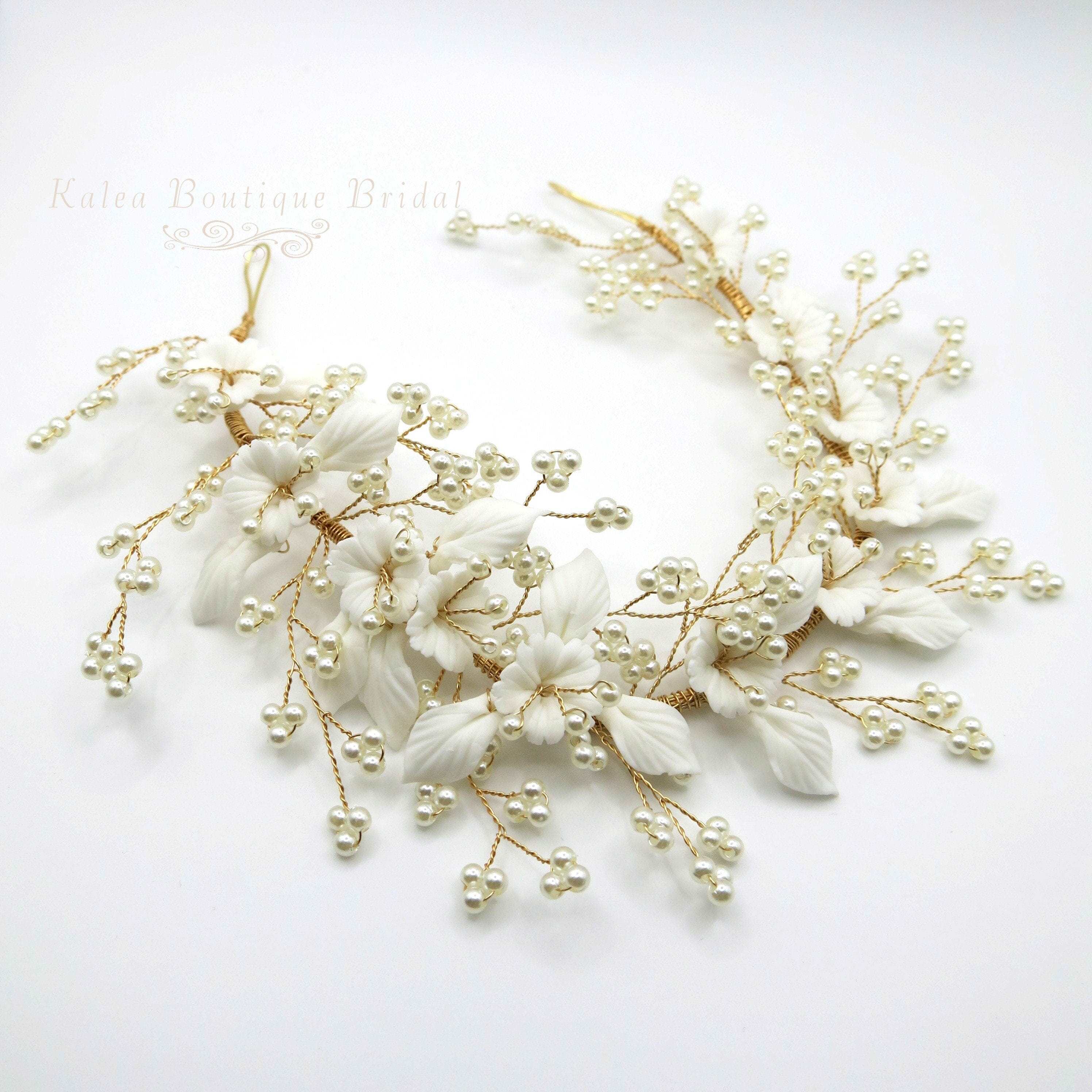Gold and Pearl Branch Wedding Headband Bella Freshwater Pearl Gold Wedding Headband | Lace & Favour main image 3