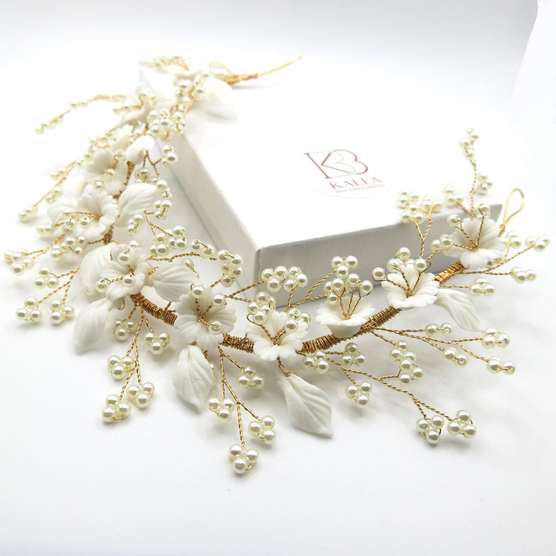 Big Bridal Floral Tiara, Wedding Clay Flower Headband, Ceramic Flower Hairpiece, Gold Wire Hair Wreath, Bridal Flower Branch Pearl Hairpiece - KaleaBoutique.com