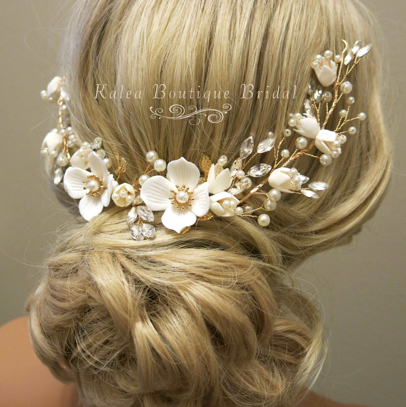 Big White Flower Bridal Tiara, Clay Floral Wedding Headband, Ceramic Flower Headpiece, Wire Hair Wreath, Bridal Flower Hair Wrap Hairpiece - KaleaBoutique.com