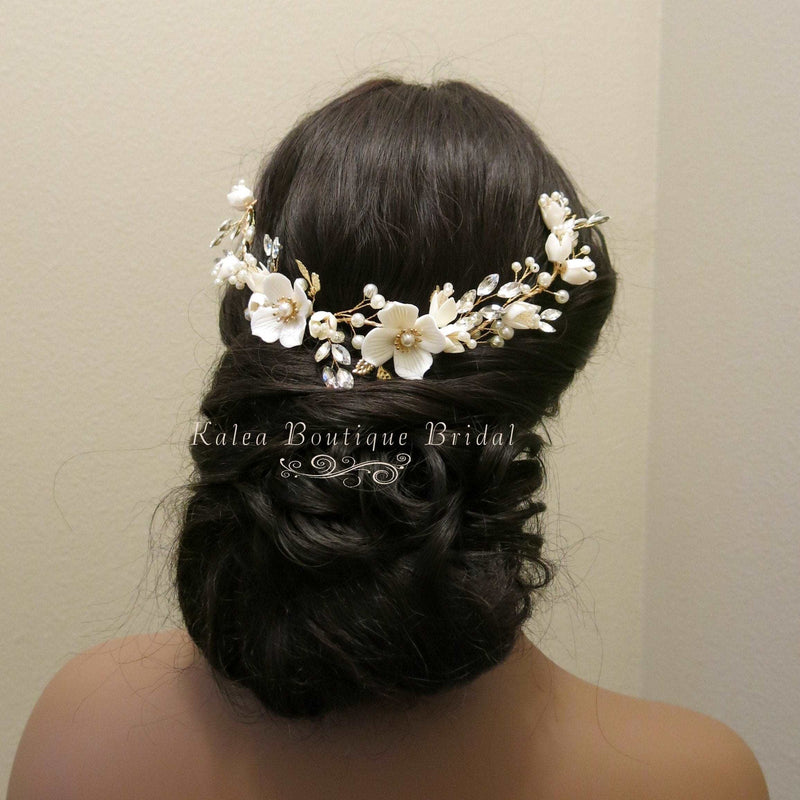 Big White Flower Bridal Tiara, Clay Floral Wedding Headband, Ceramic Flower Headpiece, Wire Hair Wreath, Bridal Flower Hair Wrap Hairpiece - KaleaBoutique.com