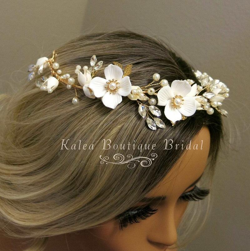 Big White Flower Bridal Tiara, Clay Floral Wedding Headband, Ceramic Flower Headpiece, Wire Hair Wreath, Bridal Flower Hair Wrap Hairpiece - KaleaBoutique.com