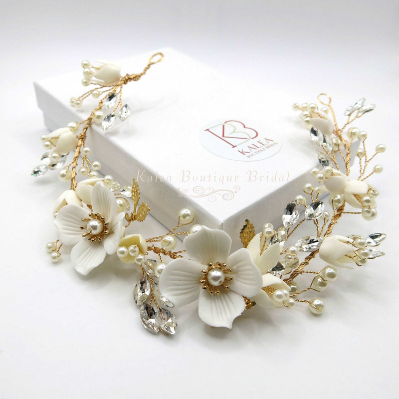 Big White Flower Bridal Tiara, Clay Floral Wedding Headband, Ceramic Flower Headpiece, Wire Hair Wreath, Bridal Flower Hair Wrap Hairpiece - KaleaBoutique.com