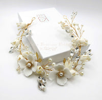 Big White Flower Bridal Tiara, Clay Floral Wedding Headband, Ceramic Flower Headpiece, Wire Hair Wreath, Bridal Flower Hair Wrap Hairpiece - KaleaBoutique.com