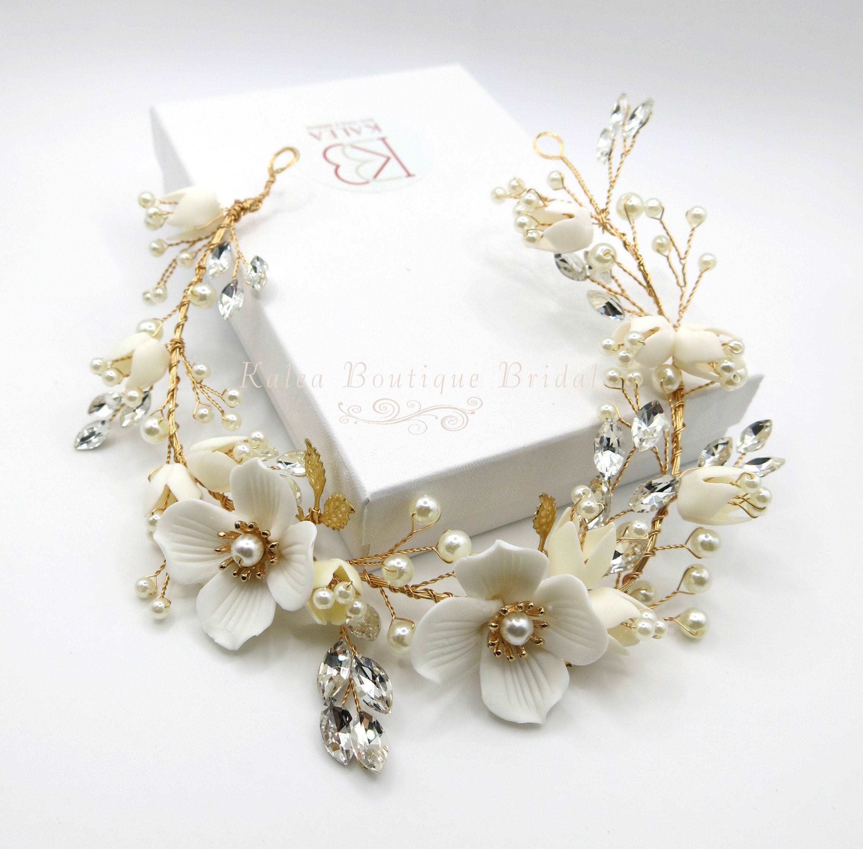 Handmade Bridal Hairpiece, white & gold Gold Crystal Bridal Hair Comb - Wedding Accessories for  main image 2