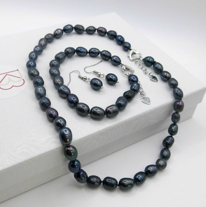 Black Genuine Freshwater Pearl 4 PC Necklace Set, Natural Pearl Jewelry Set, Bridesmaid Black Cultured Pearl Necklace, Bracelet Jewelry Set - KaleaBoutique.com