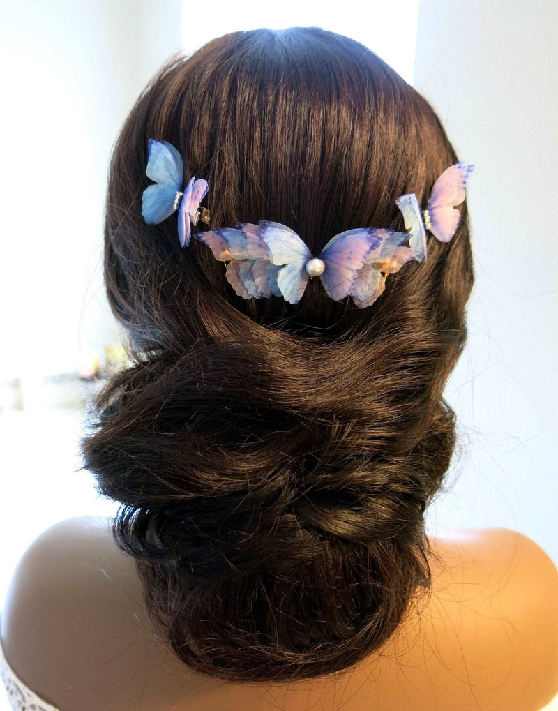 Blue Butterfly Chiffon Hair Comb and 2 Hairclips Set, Bridal Party Hairpiece, Butterfly Chiffon Dangle Earrings, Bridesmaid Wedding Hairclip - KaleaBoutique.com