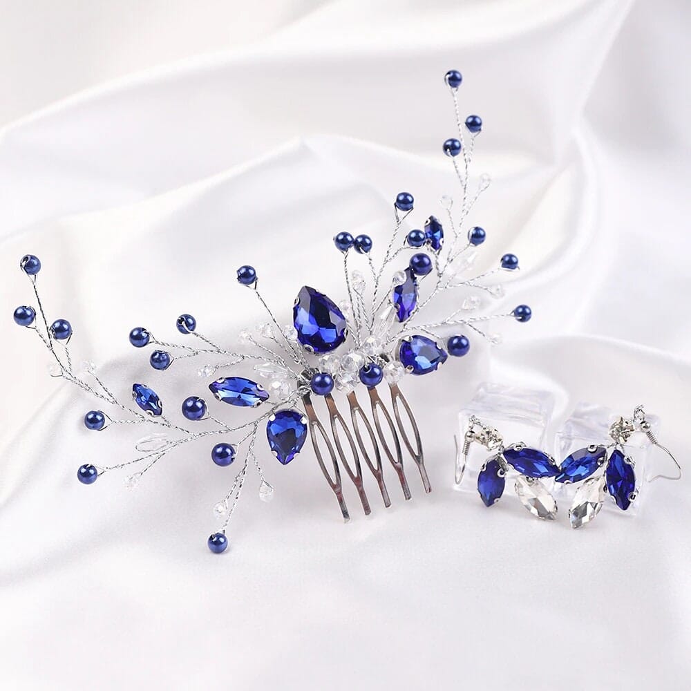 Blue Crystal Gem Hair Comb and Earrings 3 PC Set, Bridal Silver Wire Hairpin and Crystal Earrings, Wedding Rhinestone Flower Headpiece - KaleaBoutique.com