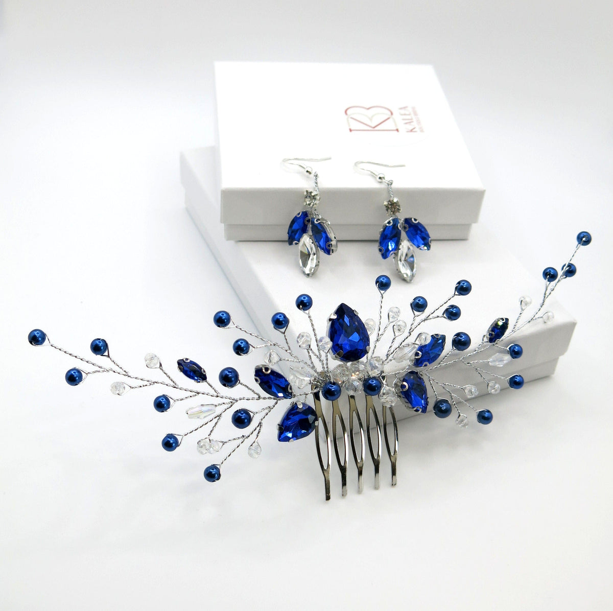 Blue Crystal Gem Hair Comb and Earrings 3 PC Set, Bridal Silver Wire Hairpin and Crystal Earrings, Wedding Rhinestone Flower Headpiece - KaleaBoutique.com