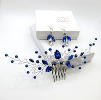 Blue Crystal Gem Hair Comb and Earrings 3 PC Set, Bridal Silver Wire Hairpin and Crystal Earrings, Wedding Rhinestone Flower Headpiece - KaleaBoutique.com