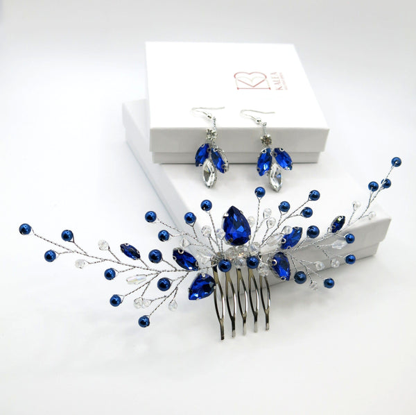 Blue Crystal Gem Hair Comb and Earrings 3 PC Set, Bridal Silver Wire Hairpin and Crystal Earrings, Wedding Rhinestone Flower Headpiece - KaleaBoutique.com