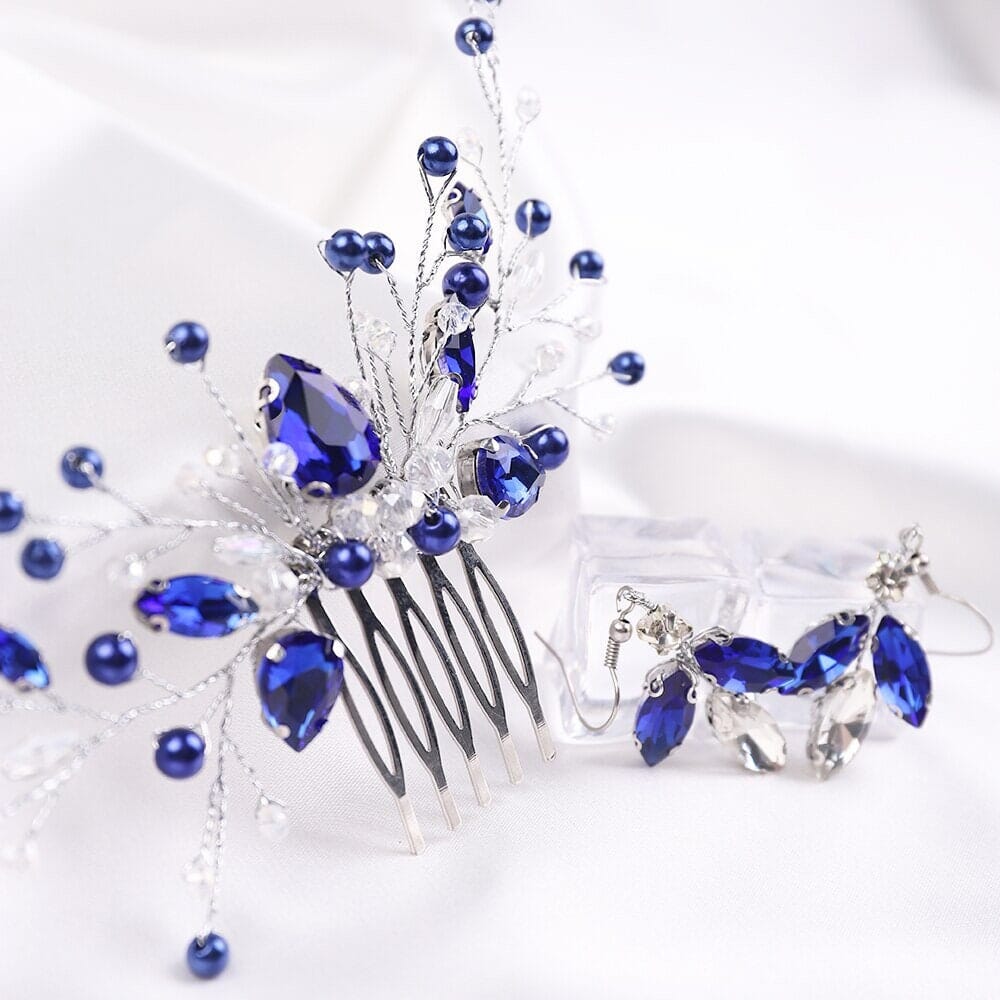 Blue Crystal Gem Hair Comb and Earrings 3 PC Set, Bridal Silver Wire Hairpin and Crystal Earrings, Wedding Rhinestone Flower Headpiece - KaleaBoutique.com