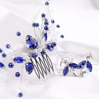 Blue Crystal Gem Hair Comb and Earrings 3 PC Set, Bridal Silver Wire Hairpin and Crystal Earrings, Wedding Rhinestone Flower Headpiece - KaleaBoutique.com
