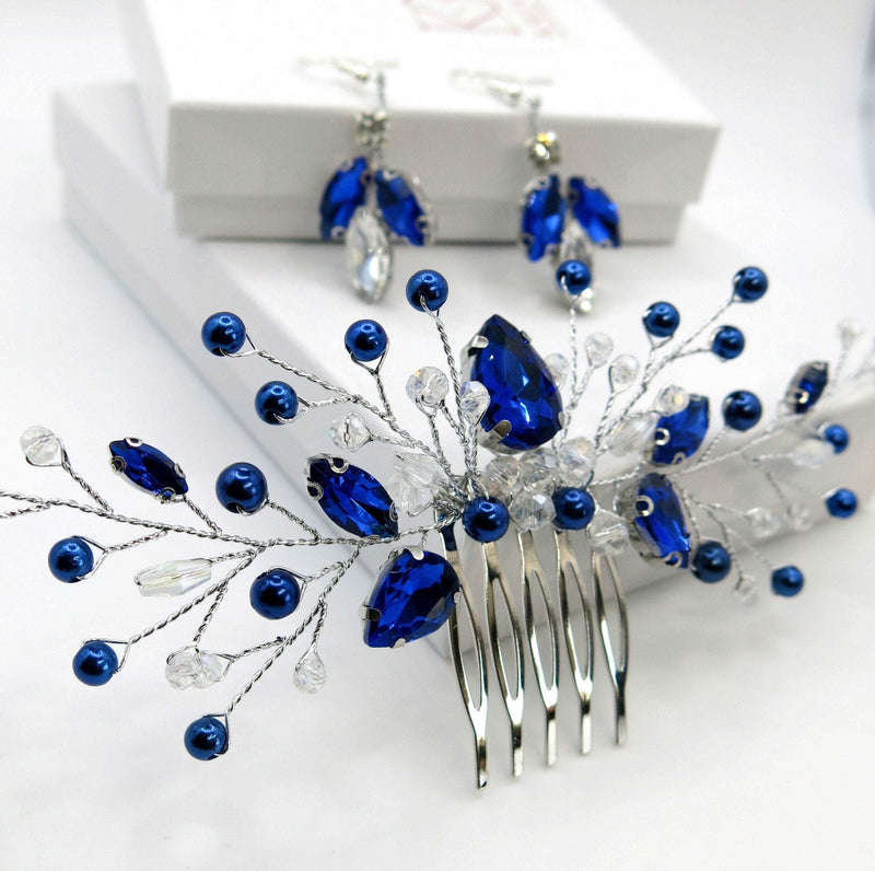 Blue Crystal Gem Hair Comb and Earrings 3 PC Set, Bridal Silver Wire Hairpin and Crystal Earrings, Wedding Rhinestone Flower Headpiece - KaleaBoutique.com