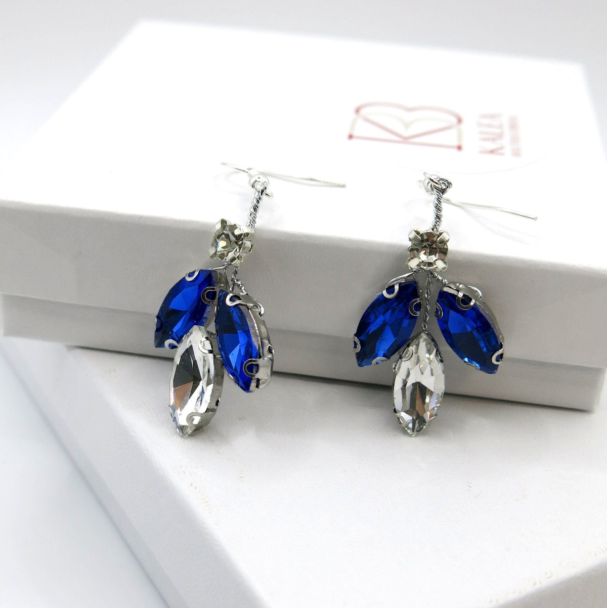 Blue Crystal Gem Hair Comb and Earrings 3 PC Set, Bridal Silver Wire Hairpin and Crystal Earrings, Wedding Rhinestone Flower Headpiece - KaleaBoutique.com