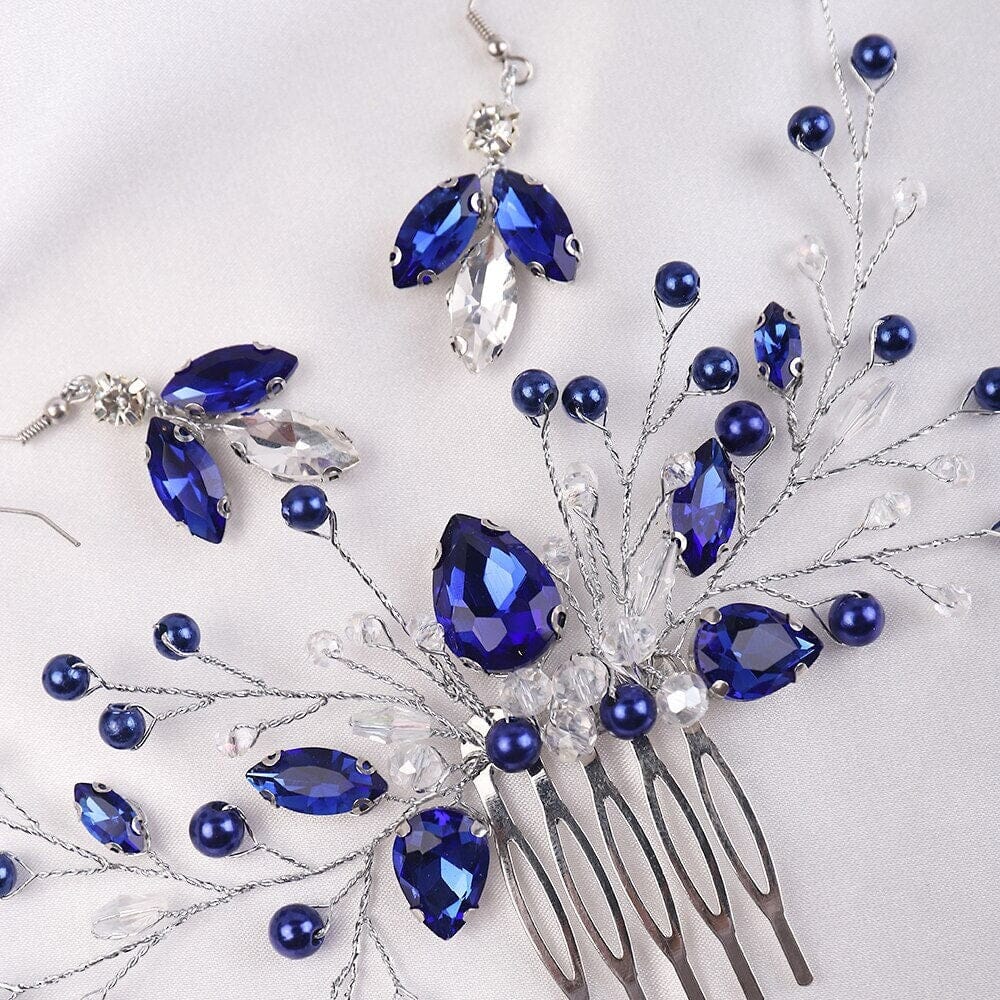 Blue Crystal Gem Hair Comb and Earrings 3 PC Set, Bridal Silver Wire Hairpin and Crystal Earrings, Wedding Rhinestone Flower Headpiece - KaleaBoutique.com