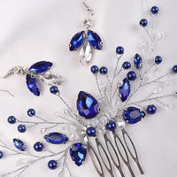 Blue Crystal Gem Hair Comb and Earrings 3 PC Set, Bridal Silver Wire Hairpin and Crystal Earrings, Wedding Rhinestone Flower Headpiece - KaleaBoutique.com