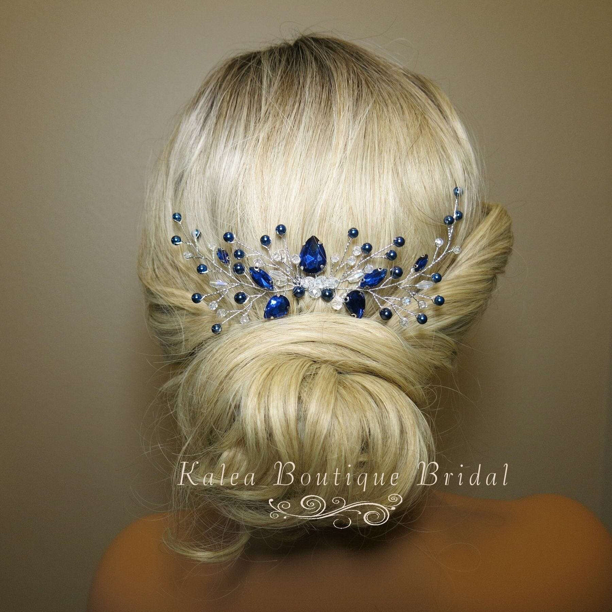 Blue Crystal Gem Hair Comb and Earrings 3 PC Set, Bridal Silver Wire Hairpin and Crystal Earrings, Wedding Rhinestone Flower Headpiece - KaleaBoutique.com