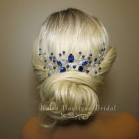 Blue Crystal Gem Hair Comb and Earrings 3 PC Set, Bridal Silver Wire Hairpin and Crystal Earrings, Wedding Rhinestone Flower Headpiece - KaleaBoutique.com
