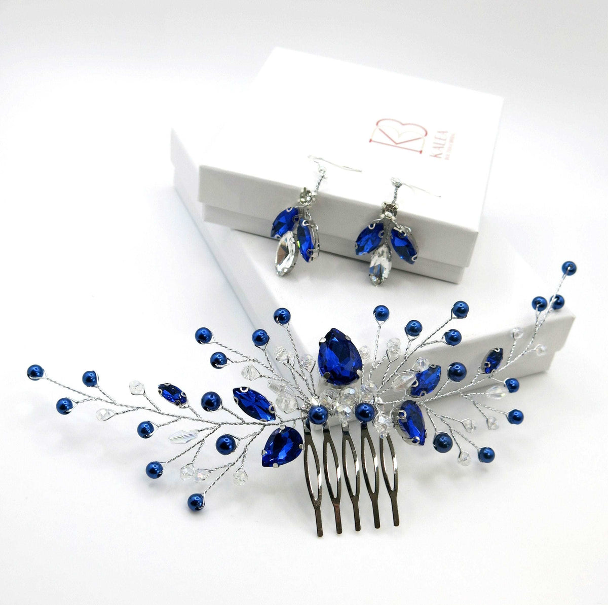 Blue Crystal Gem Hair Comb and Earrings 3 PC Set, Bridal Silver Wire Hairpin and Crystal Earrings, Wedding Rhinestone Flower Headpiece - KaleaBoutique.com