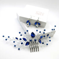 Blue Crystal Gem Hair Comb and Earrings 3 PC Set, Bridal Silver Wire Hairpin and Crystal Earrings, Wedding Rhinestone Flower Headpiece - KaleaBoutique.com