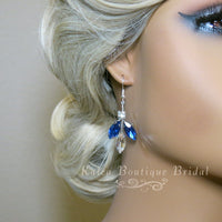 Blue Crystal Gem Hair Comb and Earrings 3 PC Set, Bridal Silver Wire Hairpin and Crystal Earrings, Wedding Rhinestone Flower Headpiece - KaleaBoutique.com