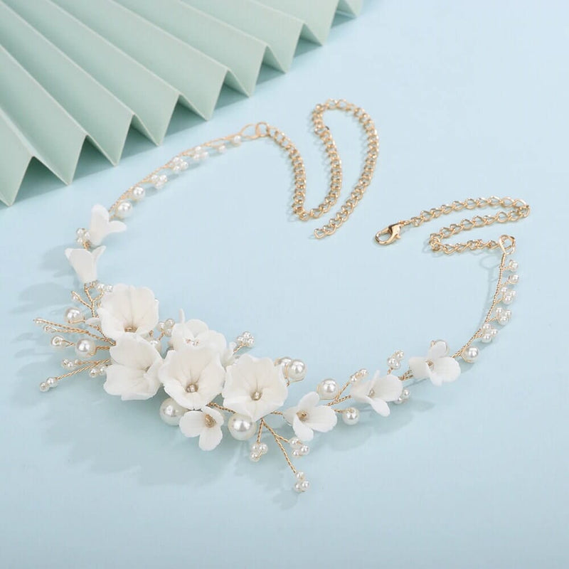 Bouquet Bridal Ceramic Floral Necklace Set, White Clay Flowers and Pearls Necklace and Earrings 3 Piece Set - KaleaBoutique.com