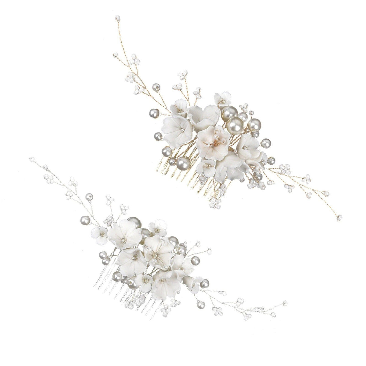 Bouquet Bridal Ceramic Floral Necklace Set, White Clay Flowers and Pearls Necklace and Earrings 3 Piece Set - KaleaBoutique.com