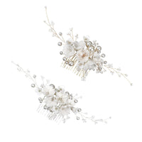 Bouquet Bridal Ceramic Floral Necklace Set, White Clay Flowers and Pearls Necklace and Earrings 3 Piece Set - KaleaBoutique.com