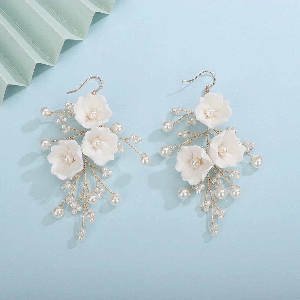 Bouquet Bridal Ceramic Floral Necklace Set, White Clay Flowers and Pearls Necklace and Earrings 3 Piece Set - KaleaBoutique.com