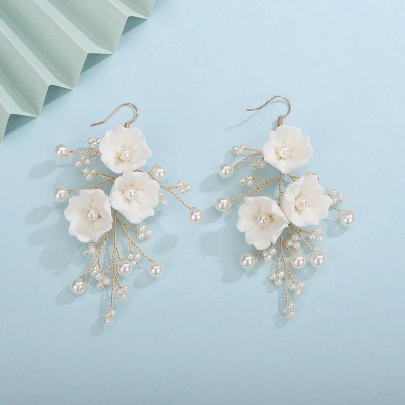 Bouquet Bridal Ceramic Floral Necklace Set - White Flower Pearl Earrings 3 Piece Set - KaleaBoutique.com