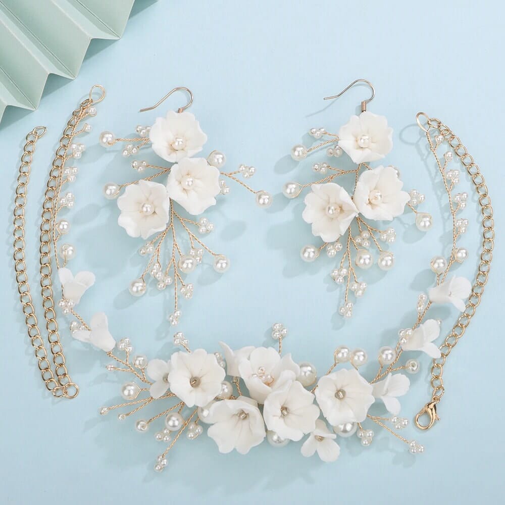 Bouquet Bridal Ceramic Floral Necklace Set, White Clay Flowers and Pearls Necklace and Earrings 3 Piece Set - KaleaBoutique.com