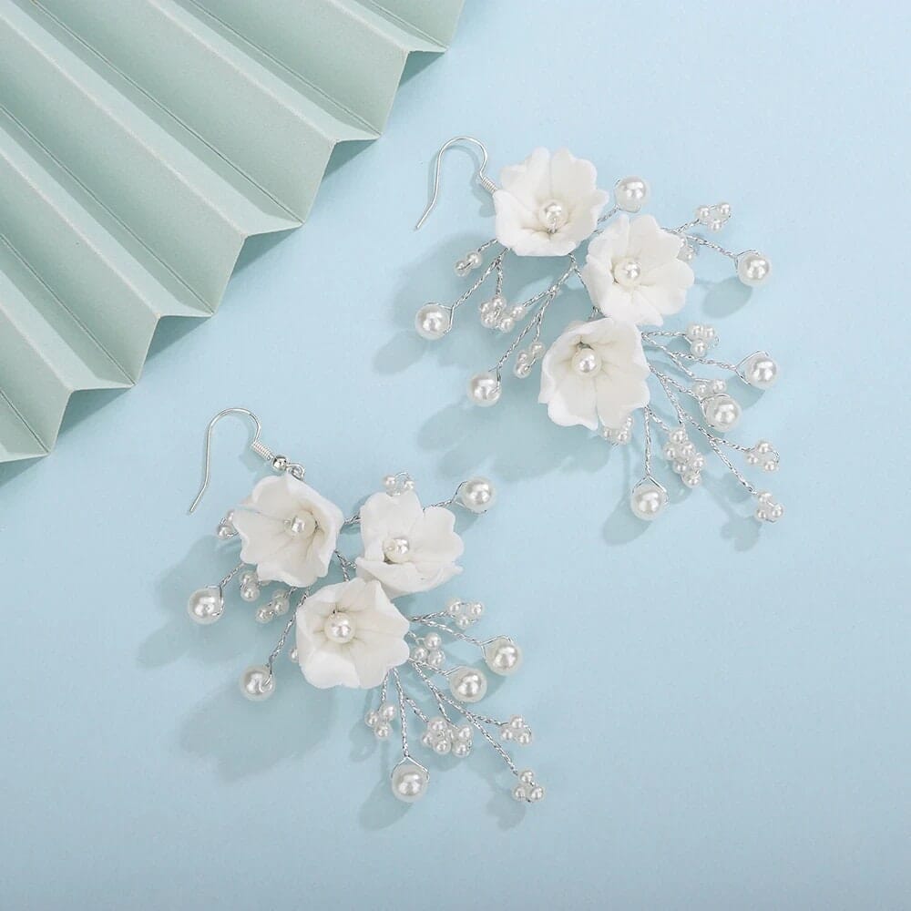 Bouquet Bridal Ceramic Floral Necklace Set, White Clay Flowers and Pearls Necklace and Earrings 3 Piece Set - KaleaBoutique.com