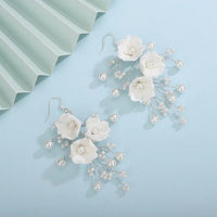 Bouquet Bridal Ceramic Floral Necklace Set, White Clay Flowers and Pearls Necklace and Earrings 3 Piece Set - KaleaBoutique.com