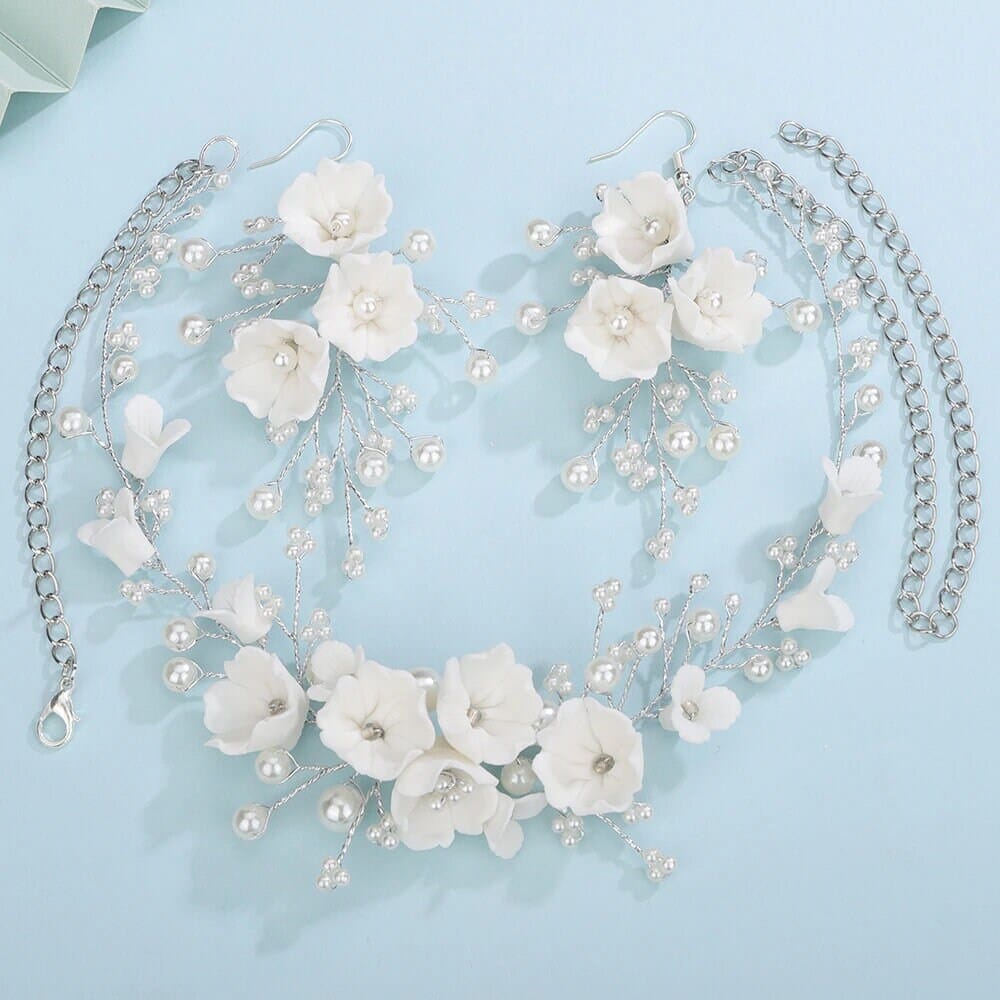 Bouquet Bridal Ceramic Floral Necklace Set, White Clay Flowers and Pearls Necklace and Earrings 3 Piece Set - KaleaBoutique.com