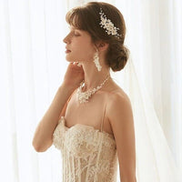 Bouquet Bridal Ceramic Floral Necklace Set, White Clay Flowers and Pearls Necklace and Earrings 3 Piece Set - KaleaBoutique.com