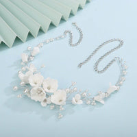 Bouquet Bridal Ceramic Floral Necklace Set, White Clay Flowers and Pearls Necklace and Earrings 3 Piece Set - KaleaBoutique.com