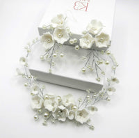 Bouquet Bridal Ceramic Floral Necklace Set, White Clay Flowers and Pearls Necklace and Earrings 3 Piece Set - KaleaBoutique.com