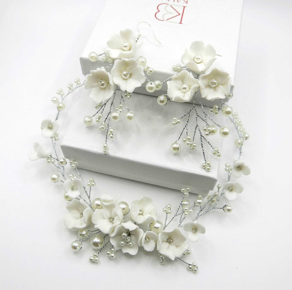 Bouquet Bridal Ceramic Floral Necklace Set, White Clay Flowers and Pearls Necklace and Earrings 3 Piece Set - KaleaBoutique.com