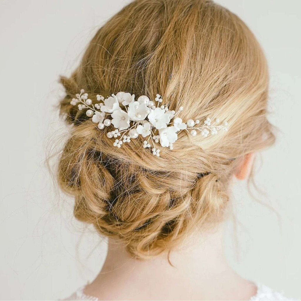 Bouquet Ceramic Flower Hair Comb, Bridal White Flower Bridal Hairpiece, Wedding Porcelain Floral Head Piece, Bridesmaid Necklace or Earrings - KaleaBoutique.com