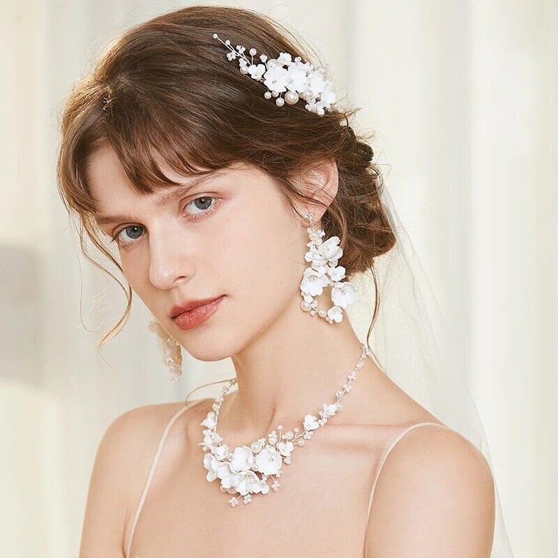 Bouquet Ceramic Flower Hair Comb, Bridal White Flower Bridal Hairpiece, Wedding Porcelain Floral Head Piece, Bridesmaid Necklace or Earrings - KaleaBoutique.com