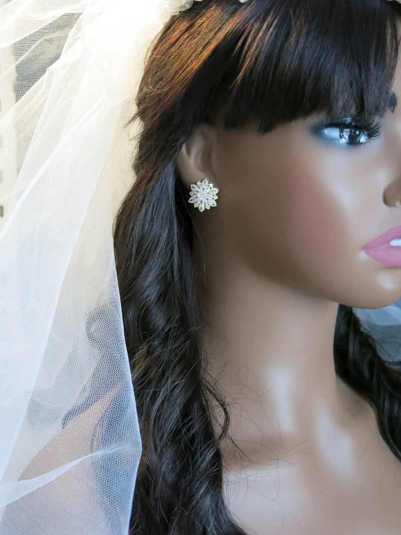 Bridal 14K Gold Fashion Crystal Earrings, Clear CZ Diamond Flower Studs, Bridesmaid Large Crystal Stud Earrings, Floral Gem Wedding Earrings - KaleaBoutique.com