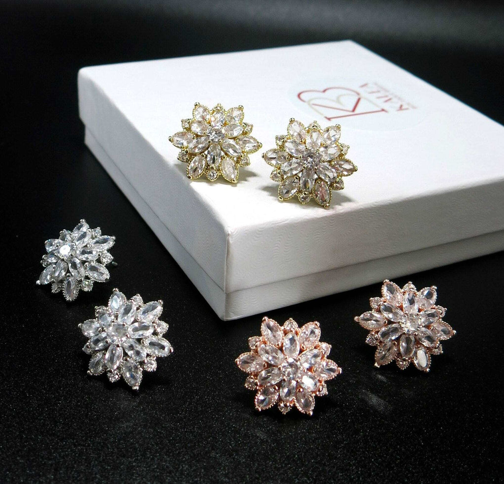 Bridal Fashion Crystal Earrings, Clear CZ Crystal Flower Studs, Bridesmaid Large Crystal Stud Earrings, Floral Wedding Earrings - KaleaBoutique.com