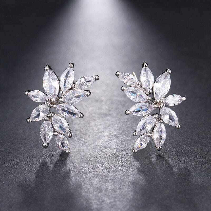 Bridal 14K Gold Plated Crystal Leaf Studs, Crystal CZ Gem Floral Earrings, Wedding Bridesmaid Earrings or Necklace - KaleaBoutique.com