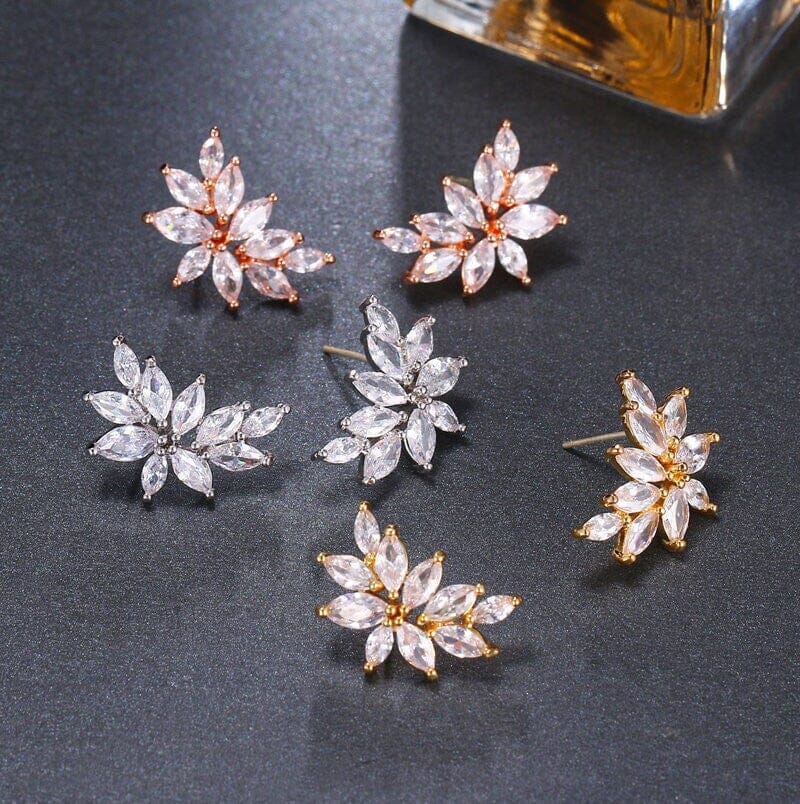 Bridal 14K Gold Plated Crystal Leaf Studs, Crystal CZ Gem Floral Earrings, Wedding Bridesmaid Earrings or Necklace - KaleaBoutique.com