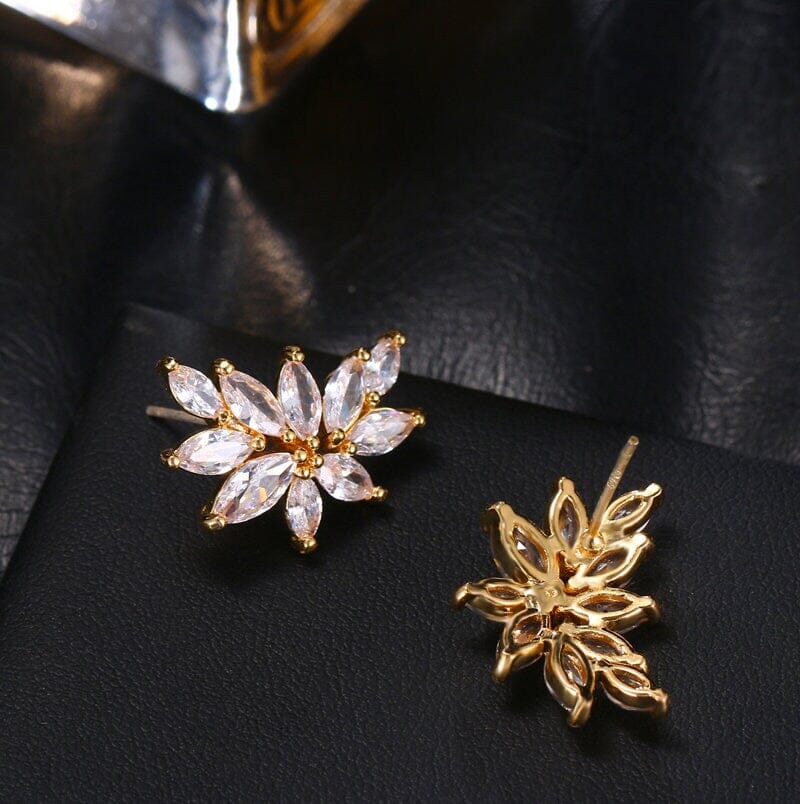 Bridal 14K Gold Plated Crystal Leaf Studs, Crystal CZ Gem Floral Earrings, Wedding Bridesmaid Earrings or Necklace - KaleaBoutique.com