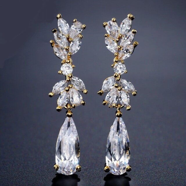 Bridal 14K Gold Plated CZ Diamond Earrings, Crystal Dangle Teardrop Studs, Bridesmaid Fashion Diamond Gem Stud Earrings - KaleaBoutique.com